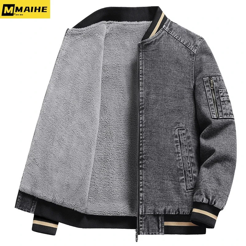 Autumnwinter vintage denim jacket men plus fleece thick warm coat Korean fashion clothing mens plussize bomber 250212