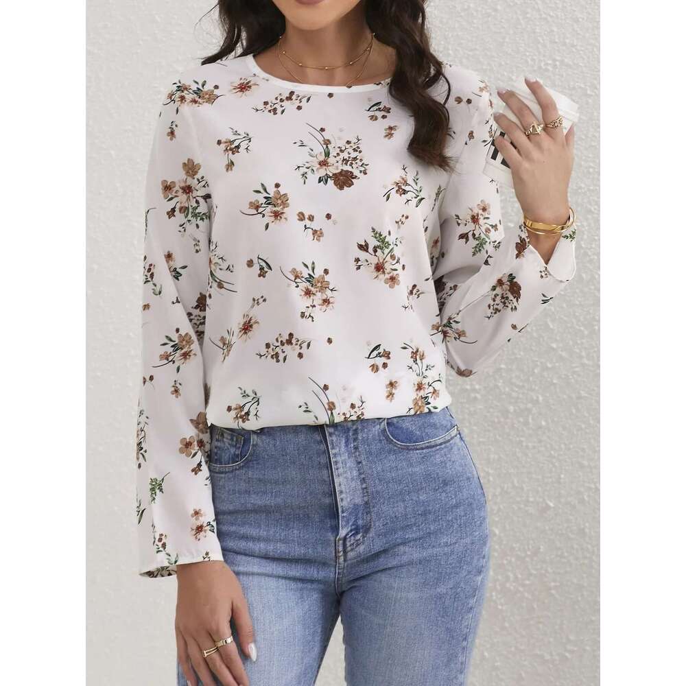 Ladies Ral Print O Neck Casual Long Sleeve Blouse Women Tops Shirts