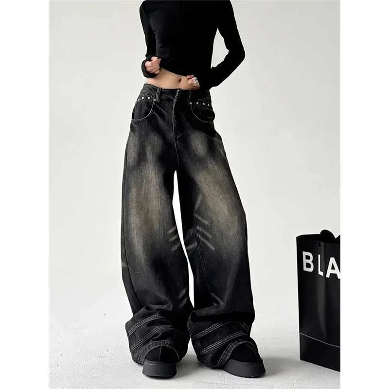 Black Womens Jeans High Waist Vintage Straight Baggy Pants Street 90S Y2k Design Sense Wide Leg Large Size Denim Trouser