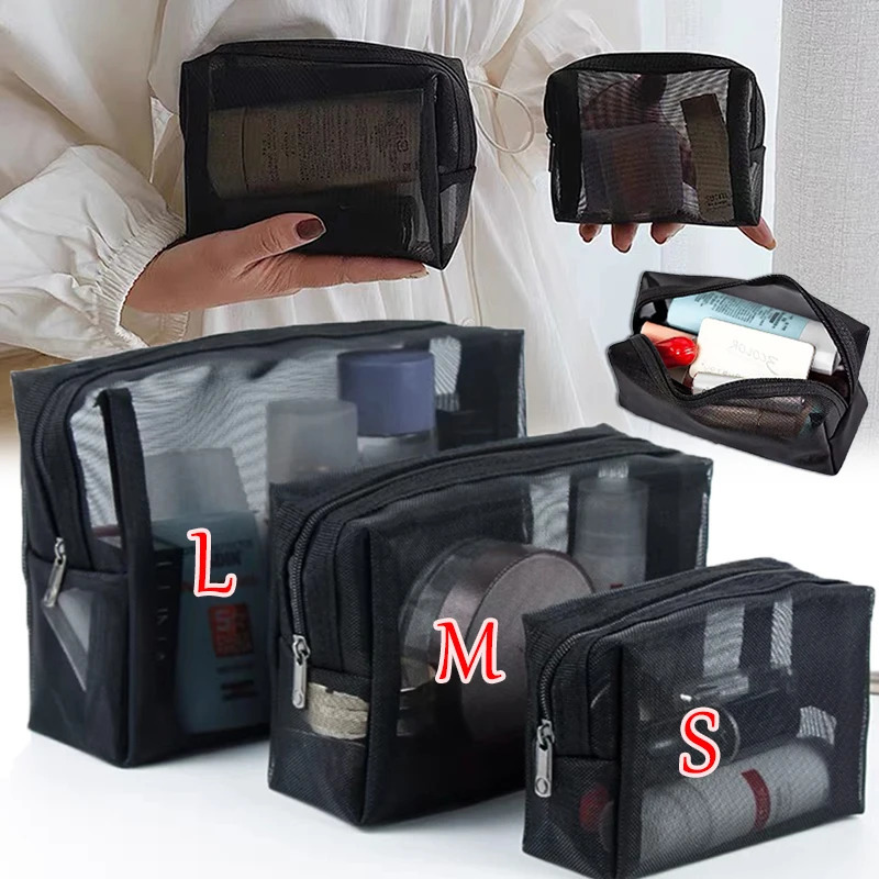 Portable mesh transparent makeup bag box womens travel zipper organizer 250213