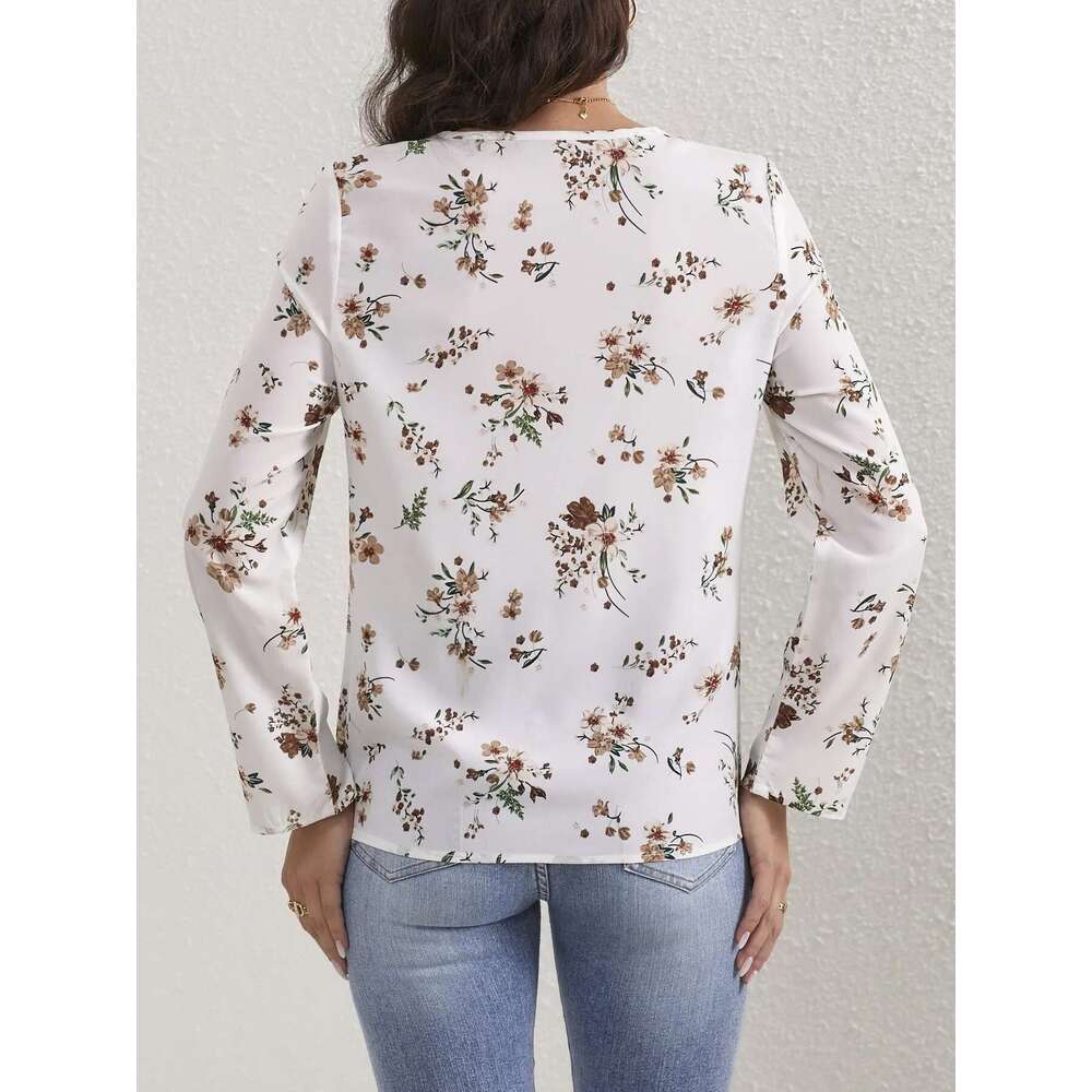 Ladies Ral Print O Neck Casual Long Sleeve Blouse Women Tops Shirts