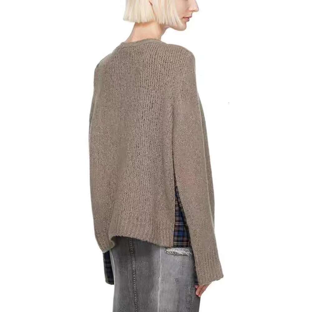 Wool Blend Women Pullover Y2k Checkered Patchwork Elegant Commuter Round Neck Long Sleeve Knit Top Sweater 2025 Winter New