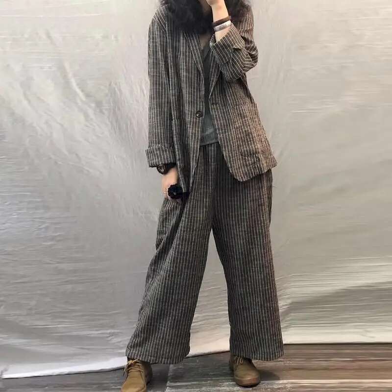 2025 Spring Autumn Large Size Casual Suits Fashion Art Retro Loose 2 Piece Women Suit Blazer And Pants En Set