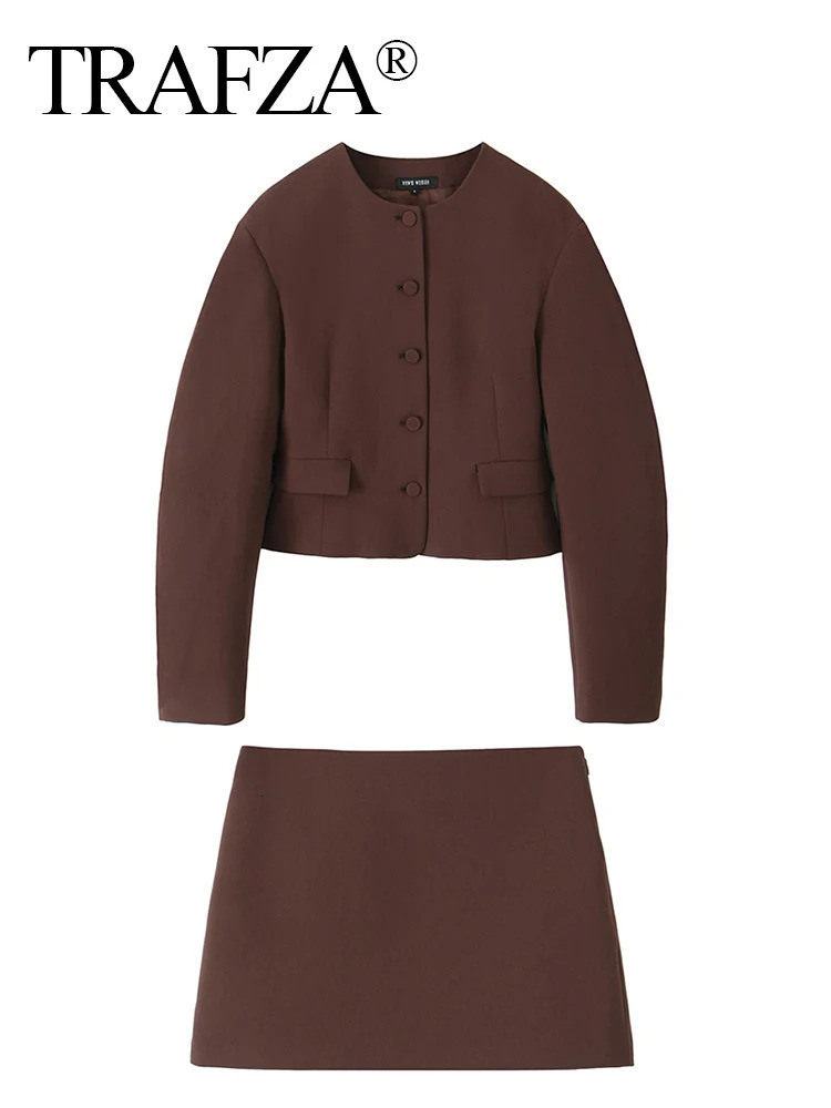 TRAFZA Women Mini Skirt Sets ONeck Pocket Decorate Solid Casual Short CoatHigh Waist Zipper 2 Piece Set Outfit 250214