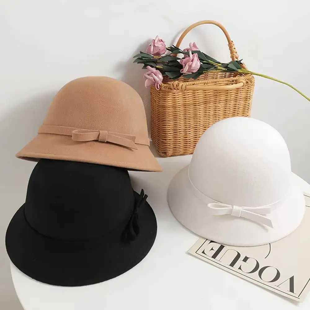 Womens Elegant Wool Felt Fedoras Hat Autumn Winter Warm Solid Color Bow Bucket Dome Cap Ladies Fashion Retro Church Top Hats W250217