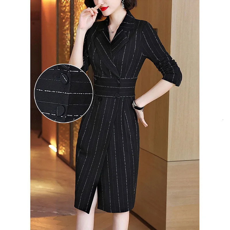 Elegant Womens Stripe Midi Dress Spring Autumn Long Sleeve V-Neck Double-breasted Button Split Female Black Fashion Dresses 250213