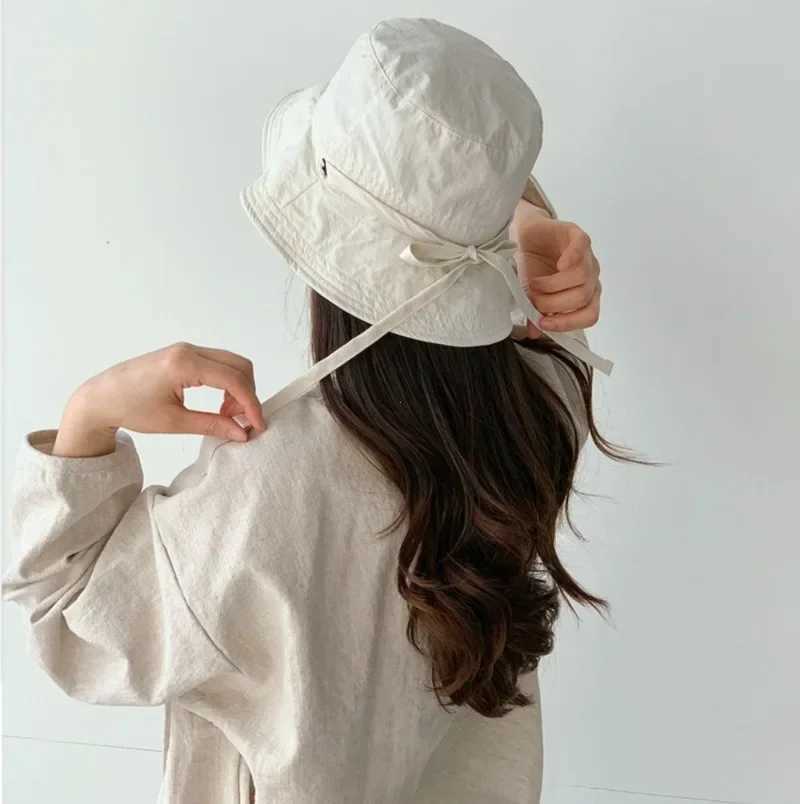 Korean Ins Lace-up Fisherman Hat Women Ins Blogger Lightweight Windbreak Rope Sunshade Basin Hat Sun Bucket Hat W250217