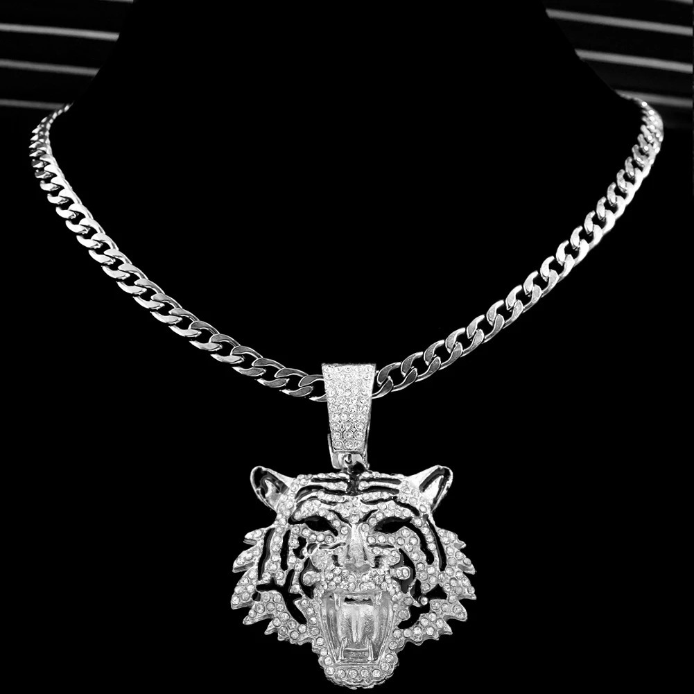 HipHop Tiger Pendant Necklace for Men Women Iced Out Cuban Link Chains Crystal Cuban CZ Stainless steel Necklaces Jewelry 250213