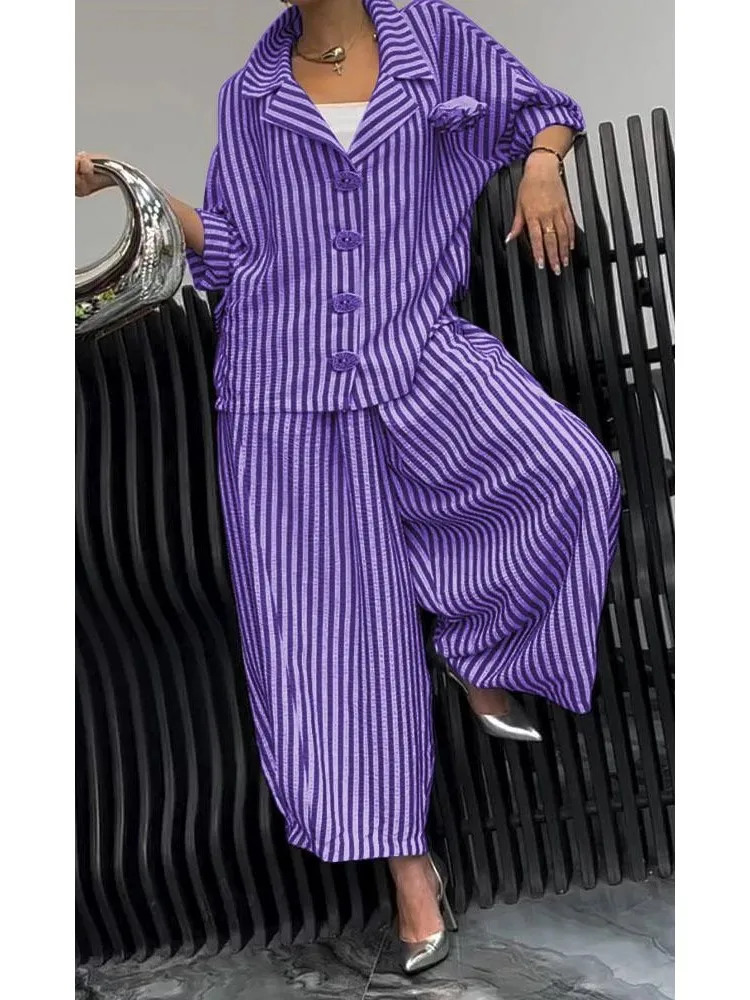 Women Fashion Lapel Wide Leg Pants Loose Sets Spring Autumn Stripe Print 2PCS Casual Suits Office Simple Outfites 250210