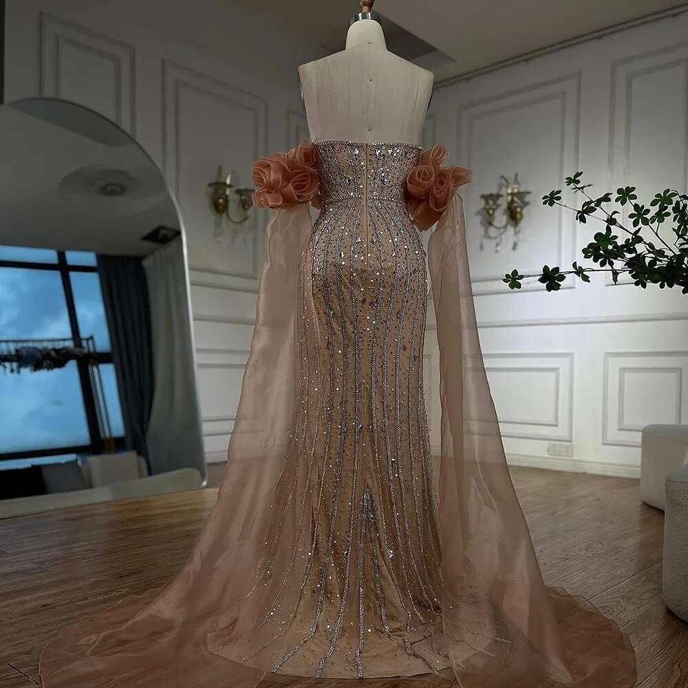 Peach Arabic Strapless Beaded Mermaid Evening Gown Vintage Half Puff Sleeve Dress Customize Party BLA