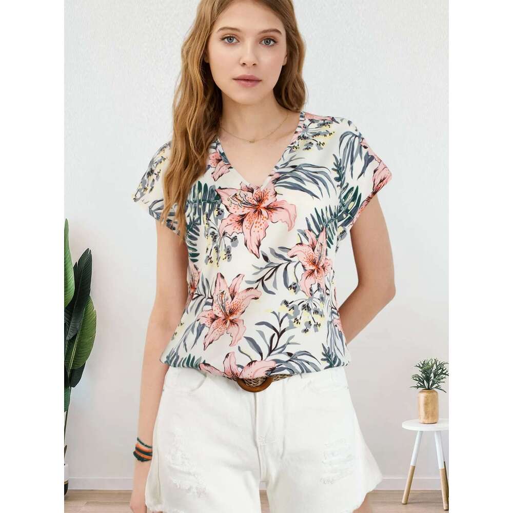 Women All Over Ral Print V Neck Batwing Sleeve Blouse Ladies Tops Shirts