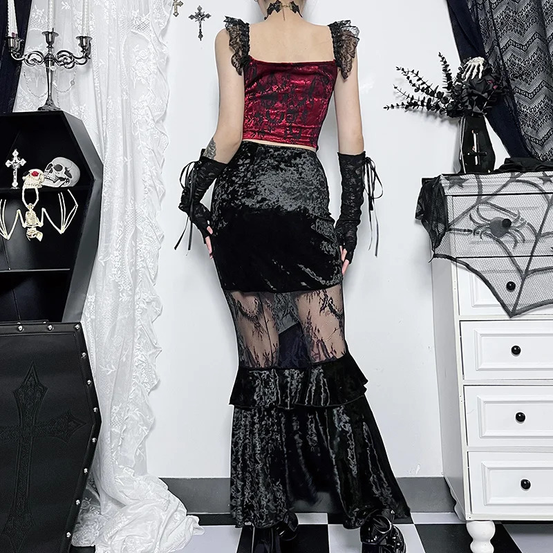 Womens Gothic Halfbody Skirt Sexy Seethrough Spice Girls Long Temperament Velvet Lace Splicing Half 250211