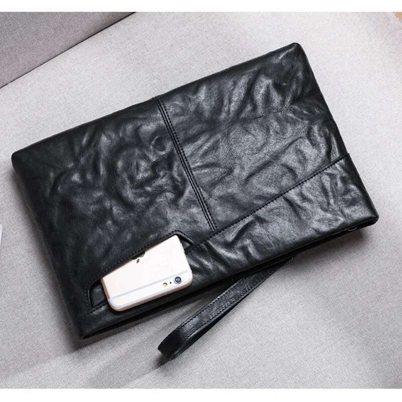SENOFAN Men's Clutch Bags Cow Genuine Leather Vintage Big Soft Hand For Male Long Wallets Envelope Bag Phone Pocket Black