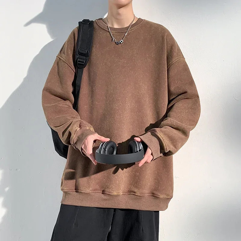 Autumn Round Neck Washed Mens Hoodie Sweatshirt Couple Long Sleeve Loose Europe and America Street Boy Pullover Sweater 250214