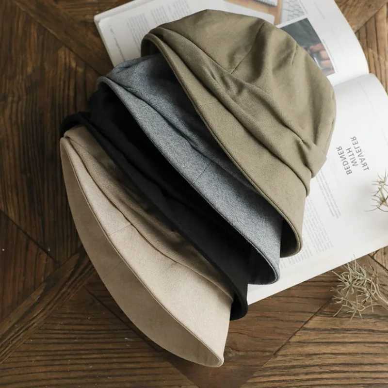 Japanese Cotton Linen Pleated Women Bucket Hat Small Brim Summer UV Resistant Breathable Retro Artist Basin Hat Ladies Berets W250217