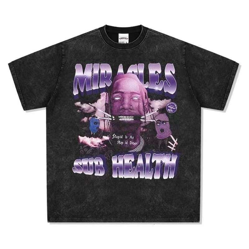 Hip hop printed washed short sleeved loose round neck T-shirt for men