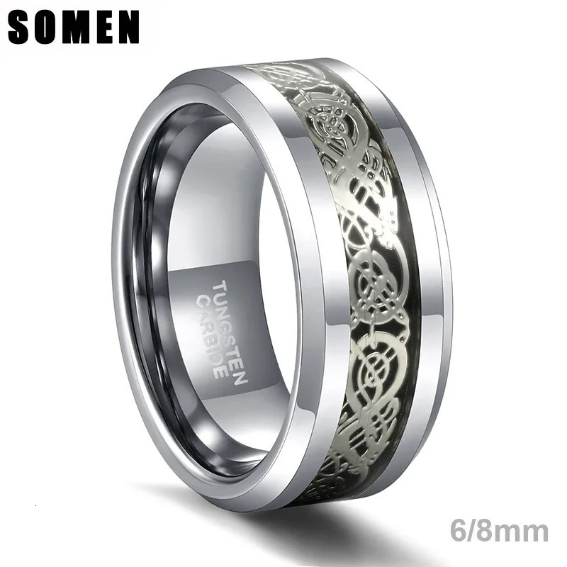 Somen 6/8mm Silver Color Celtic Dragon Inlay Polished Tungsten Ring Engagement Wedding Band Fashion Jewelry Men Women Rings 250213