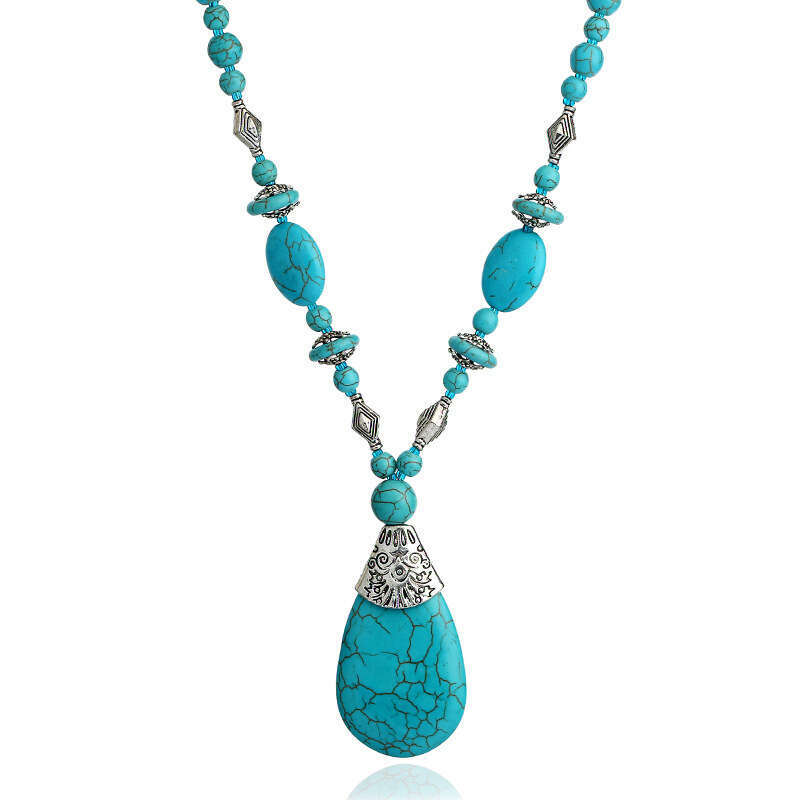 Fashionable Bohemian Droplet Pendant Short Necklace Turquoise Handmade Collar Chain for Women