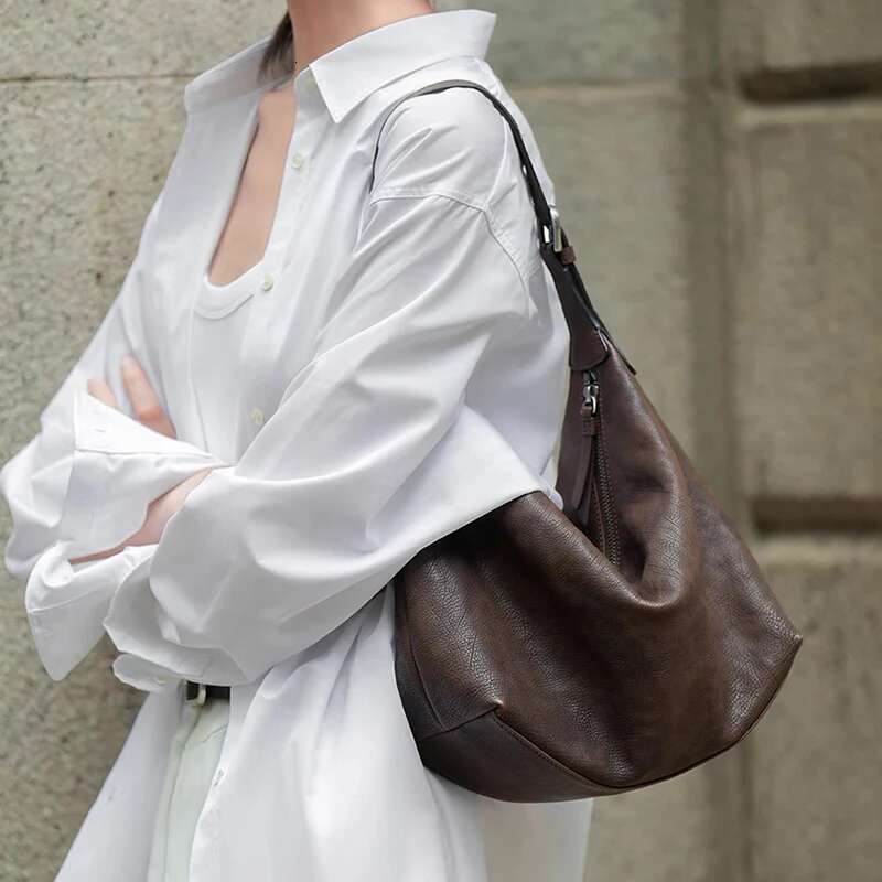 Formeki Real Leather Woman Hobos Solid Color Ins Fashion Retro Large Capacity Ladies Female Bag