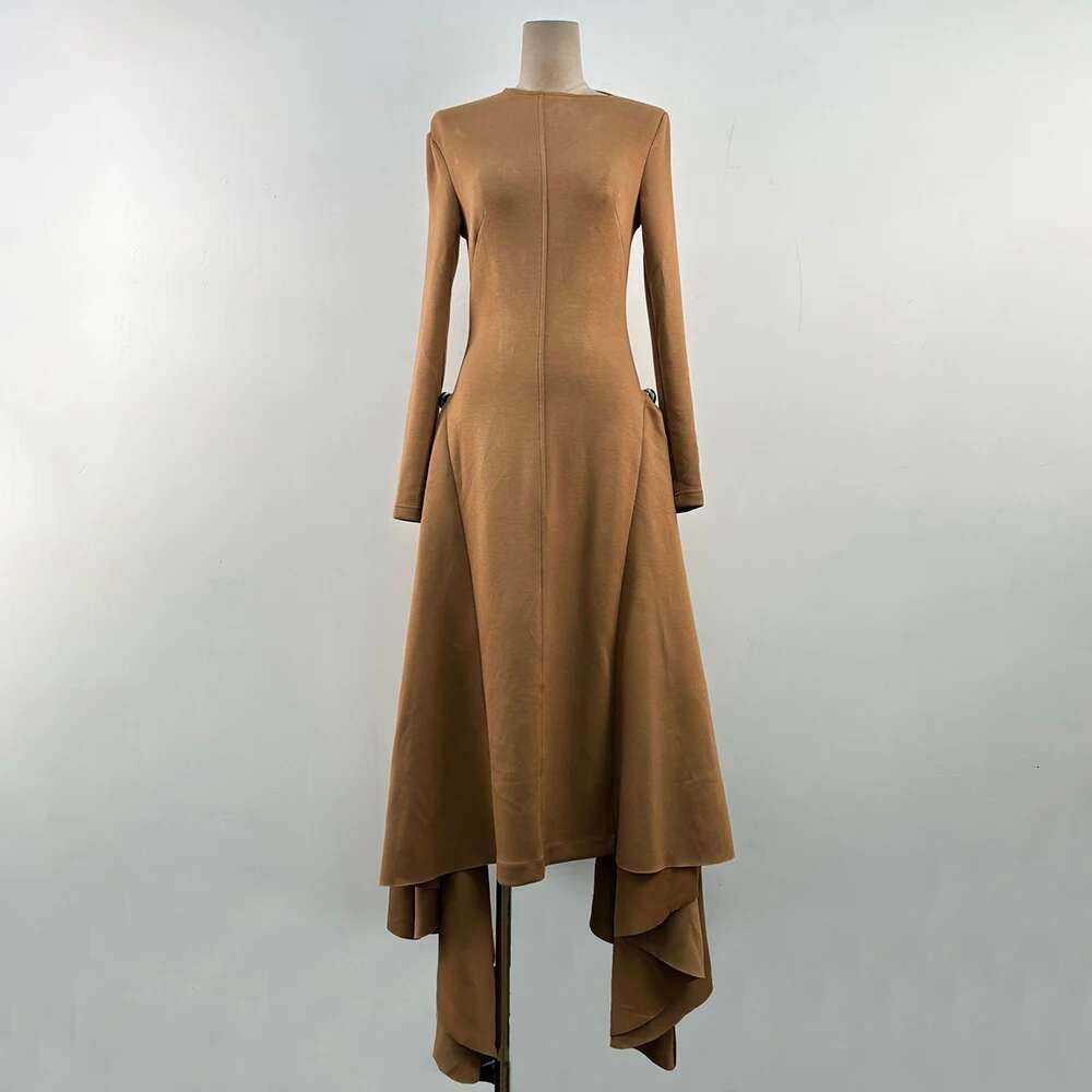 Elegant Solid Tunic Dresses For Women Diagonal Collar Long Sleeve High Waist Spliced Metal Irregular Dress Female Fashion