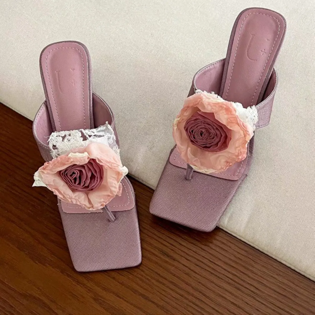 wer Flip ps Summer Thin High Heels Shoes for Women Outside Fashion Ladies Slippers Square Toe Pink Slides Sandals