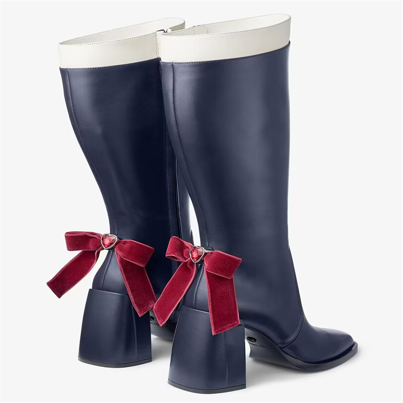 Large Bow Thick Heels, Long Boots, Color Matching, Square Toe Fashion, High For Women, Knight Boots