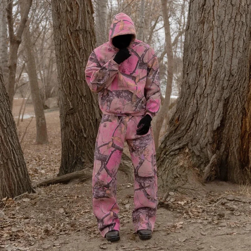 Y2K Retro Hoodie Pink Camouflage Print Pattern Sweatshirt Streetwear Men Women Harajuku Trendy Branch Camo Unisex Boxy Clothing 250213