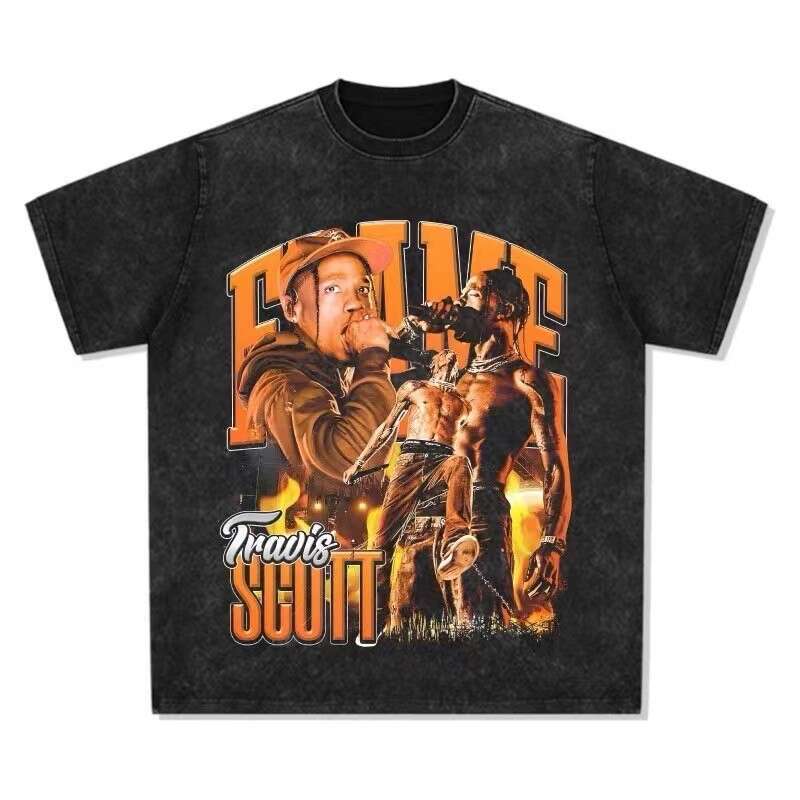 Hip hop printed washed short sleeved loose round neck T-shirt for men