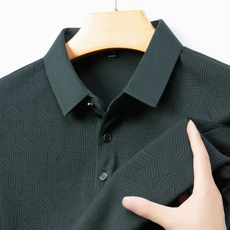 mens business casual long sleeved shirt with badge solid color polo fashionable breathable and comfortable lapel top y250219