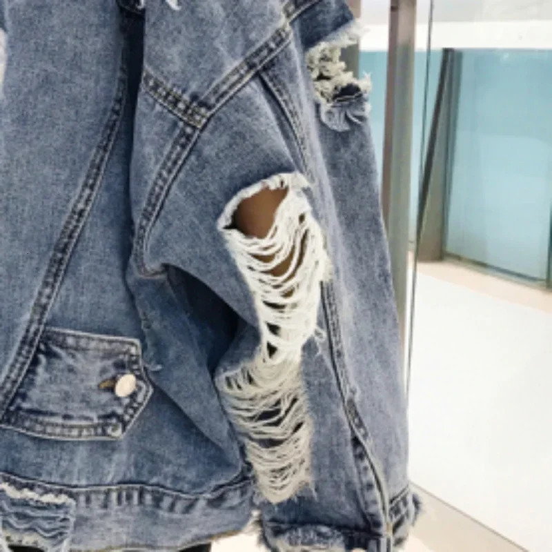 Fashion Blue Ripped Denim Jacket Y2K Distressed Streetwear Hip Hop Broken Hole Jeans Biker Jackets Mens Spring 250210