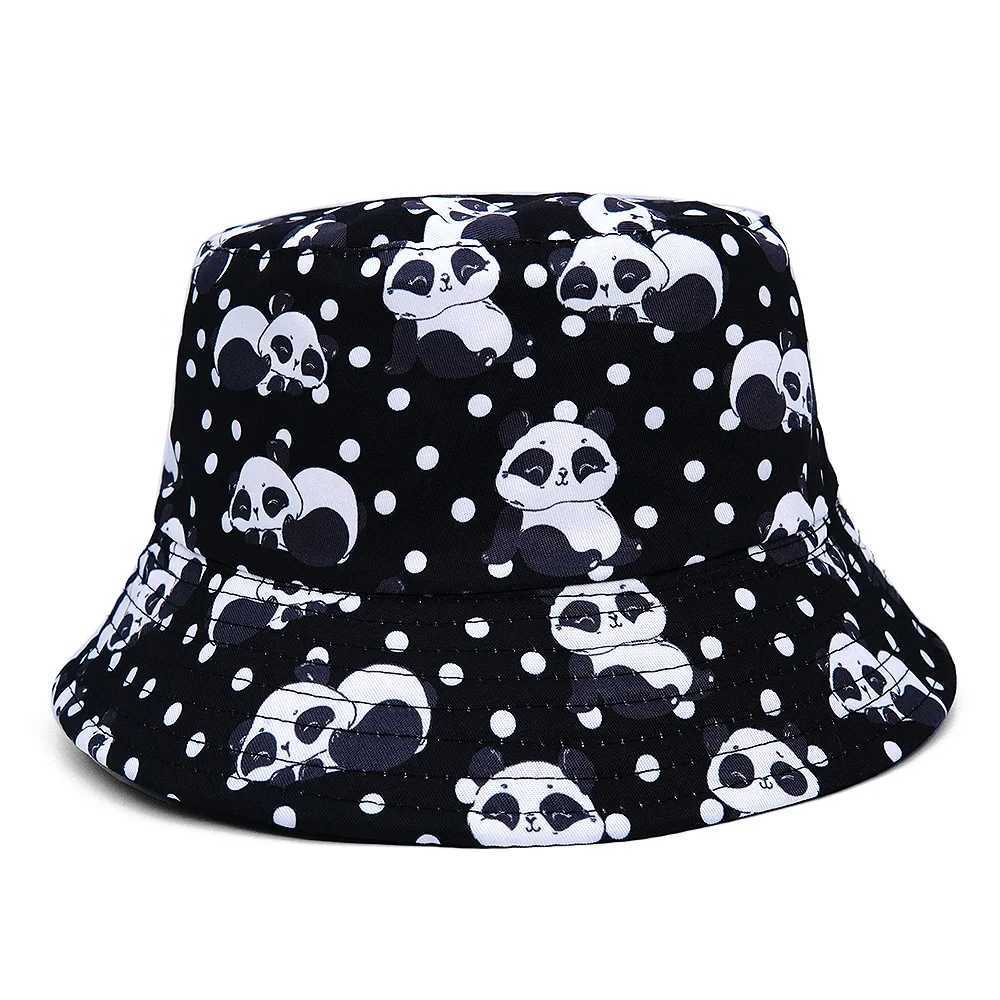 New Cartoon Panda Print Hat Childrens Fashion Versatile Sunscreen Sunshade Fishing Bucket Hat Double sided Bowl Cap W250217