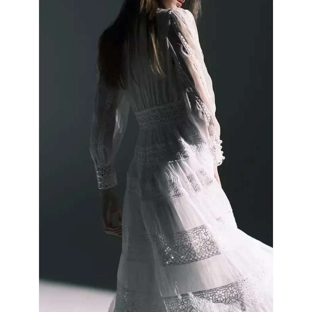 Elegant Women's Mesh Hollow Out Design Dresses Round Neck High Waist Long Sleeve Evening Dress Spring 2025 New