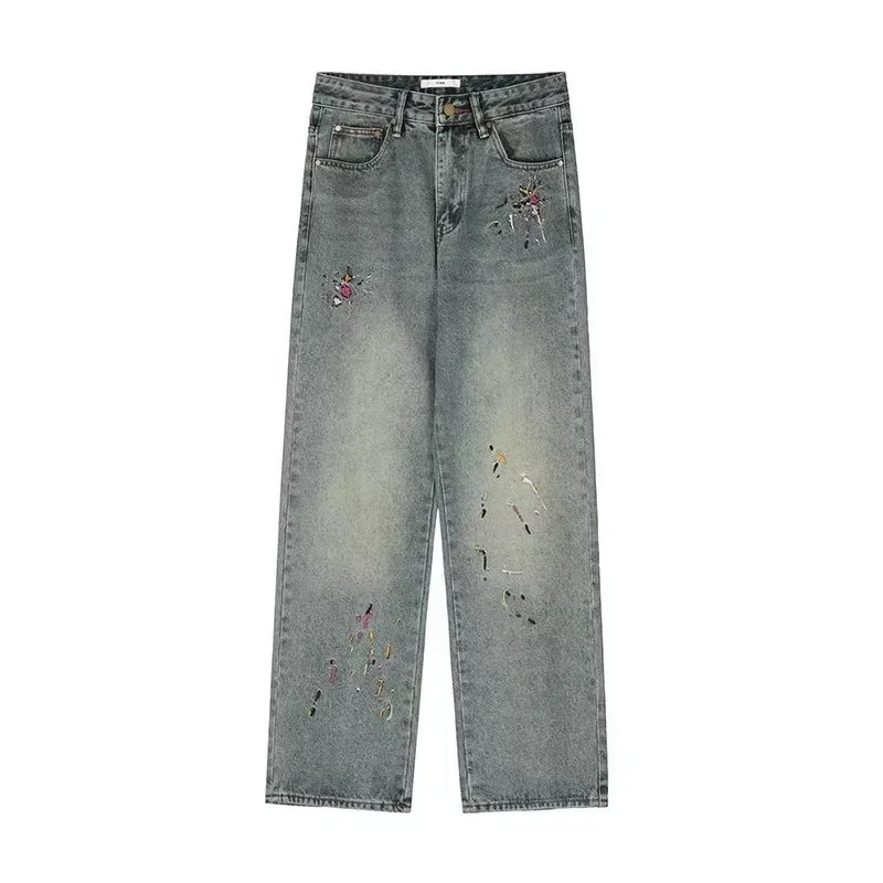 Mens Graffiti ed Baggy Jeans Retro Straightleg Denim Trousers High Street Distressed Y2K Jean pantalones 250214