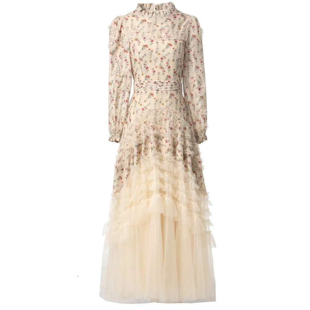 Elegant Women's Printing Lace Design Dresses Round Neck High Waist Long Sleeve Evening Dress Spring 2025 New