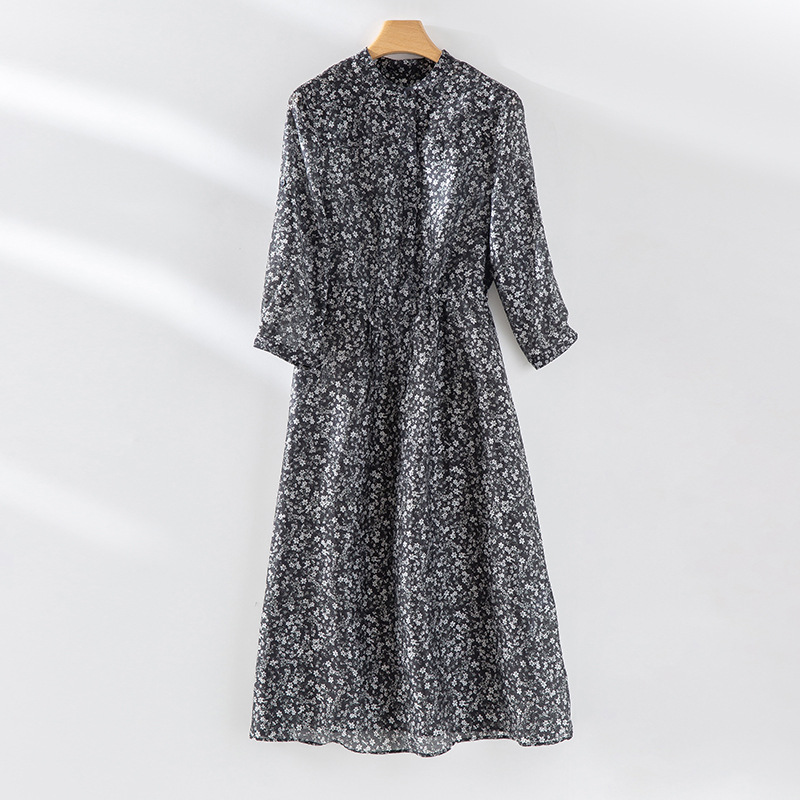 A174190 new spring and summer high-grade exquisite floral mid-sleeve dress female round neck waist design a-line skirt
