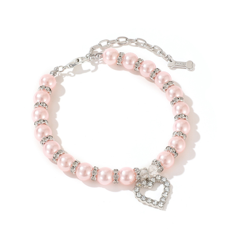 Blue Dog Pearl Necklace Collar with Crystal Rhinestone Heart Pendants,Fancy Cat Wedding Necklace Jewelry, Bling Pet Collar Birthday Gift for Small Med