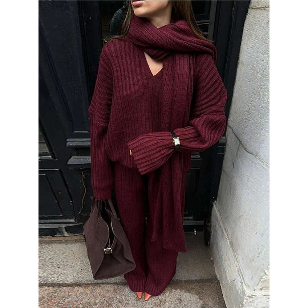 Elegant Knited Three-Piece Set Women's V-Neck Long Sleeves Sweater With High Waist Casual Pants 2025 New Clothing