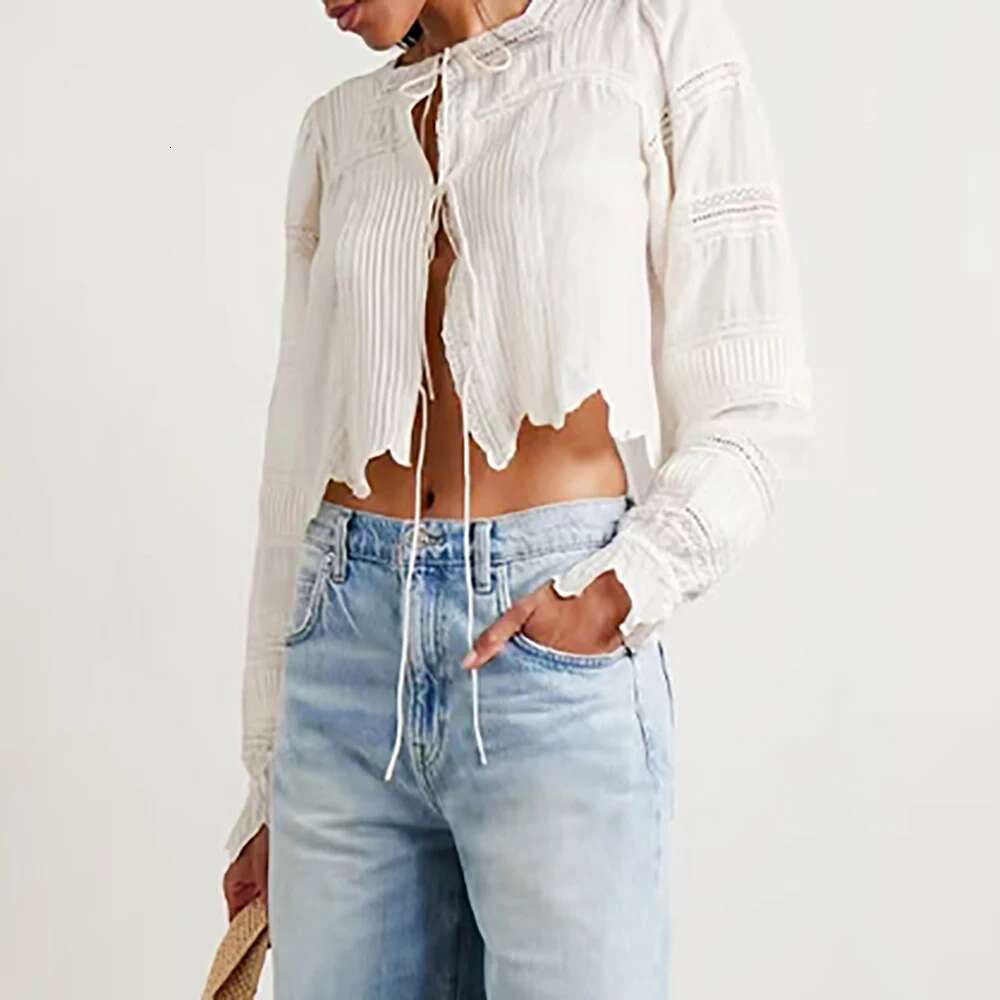 Cotton Women's Y2k Crochet Lace Patchwork Pleated Tie Square Neck Long Sleeve Shirt Blouse Top 2025 Summer New