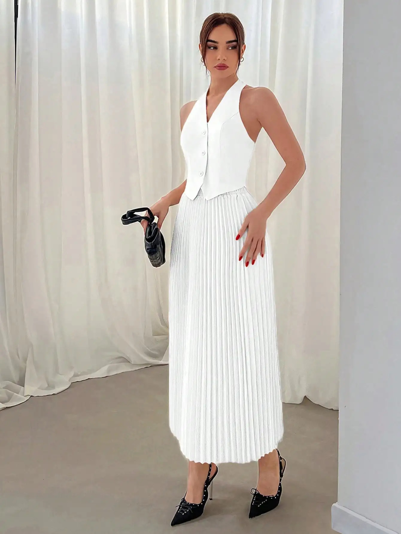 Summer suit vest single breasted skirt lapel top fashion pleated 250214