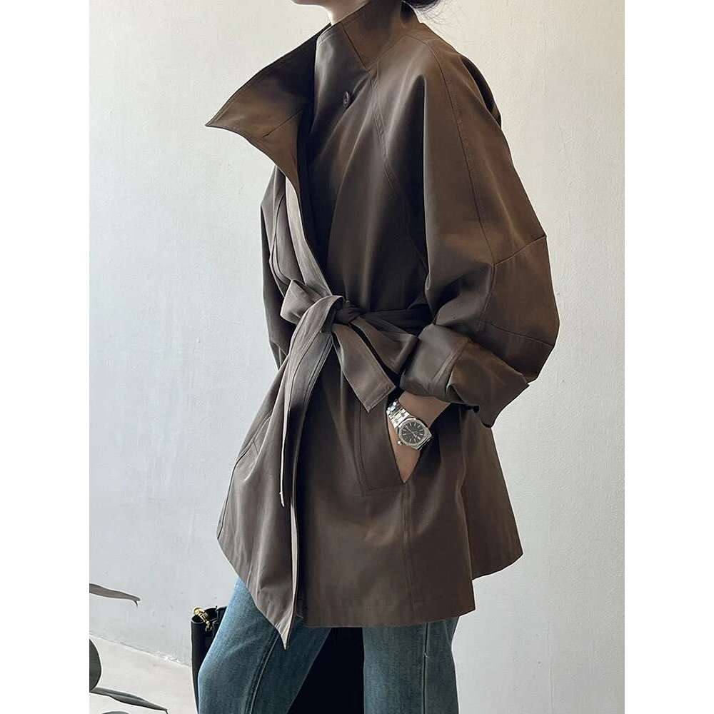 Office Lady Belt Gathered Waist Trench For Women Stand Neck Single Breasted Windbreaker 2025 Autumn New