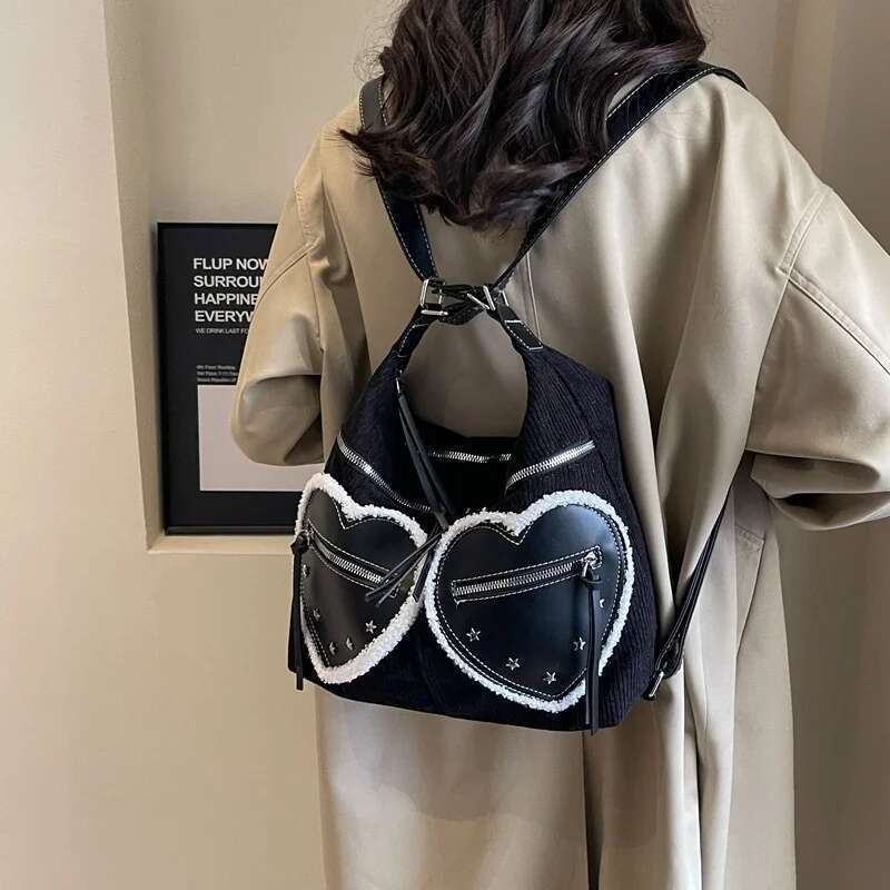 Large Capacity Corduroy Shoulder Bags Backpack Fashion Heart Pocket Messenger Bag Solid Color Purse Handbag Totes 2024