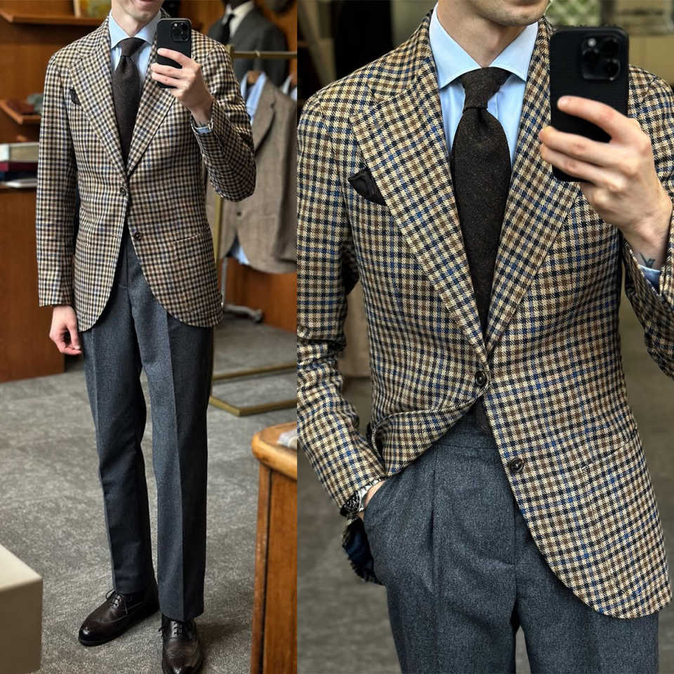 Classic Wedding Tuxedos Damier Check Two Button Men Suits Handsome Peaked Lapel Jacket Pants Groom Blazers Customized