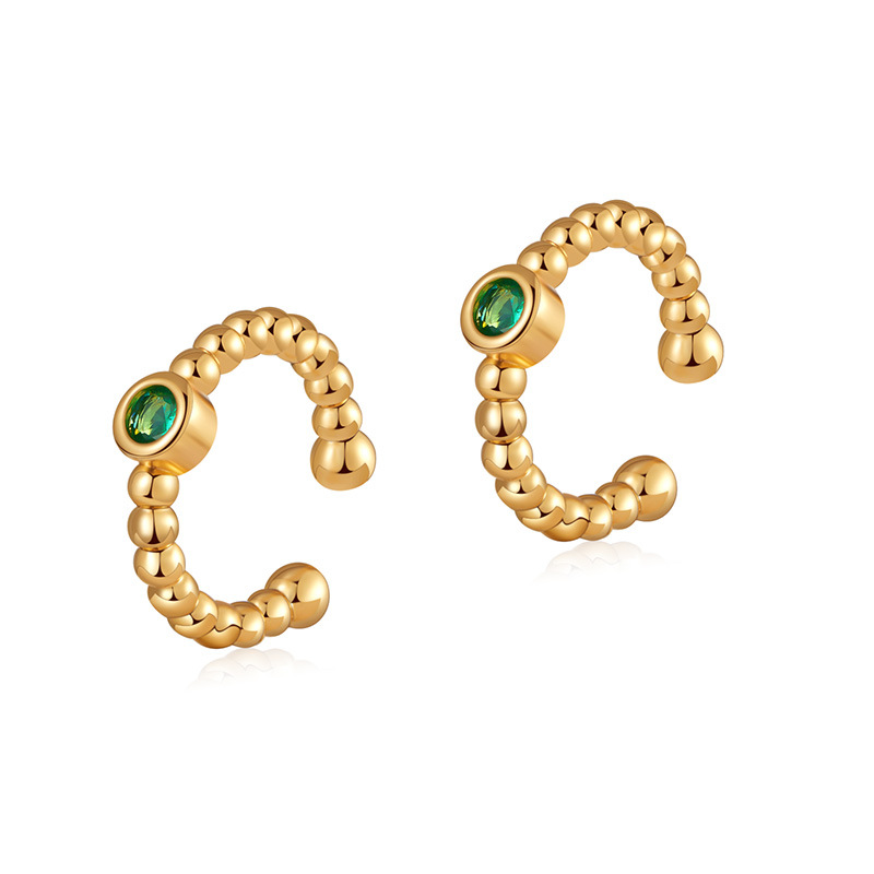 Versatile and simple C-shaped plain circle temperament ear clip set with green zircon exquisite and compact INS ear bone clip without ear hole