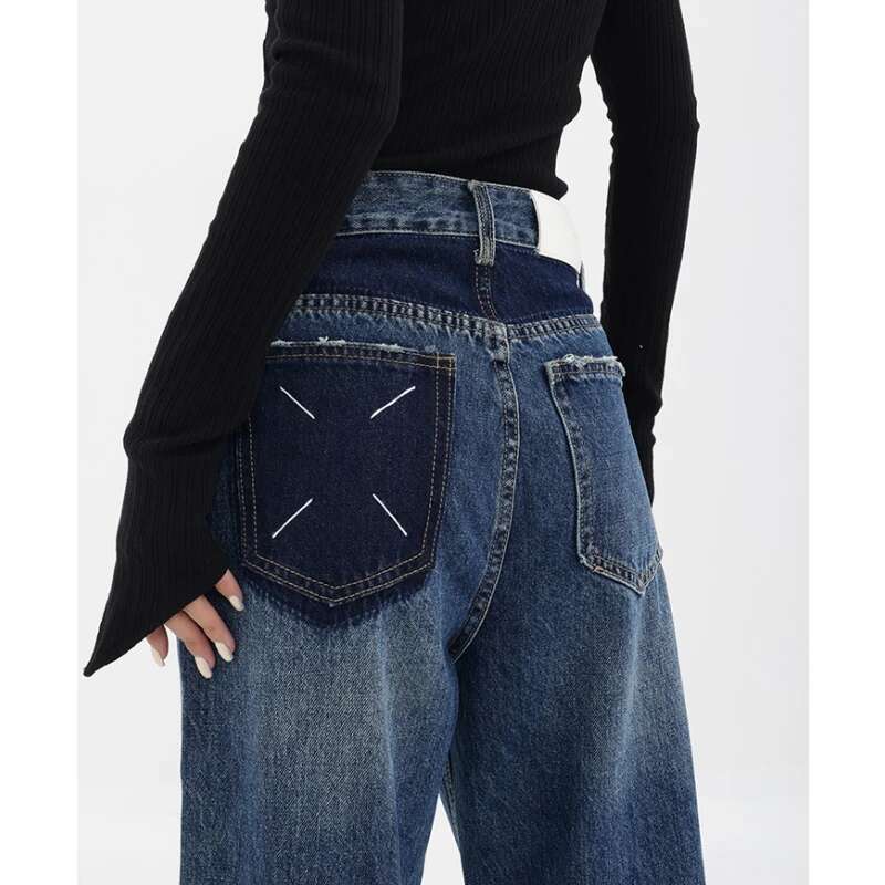 Blue High Waist Women Jeans Color Contrast Vintage American Fashion Streetwear Wide Leg Jean Female Trouser Baggy Denim Pants