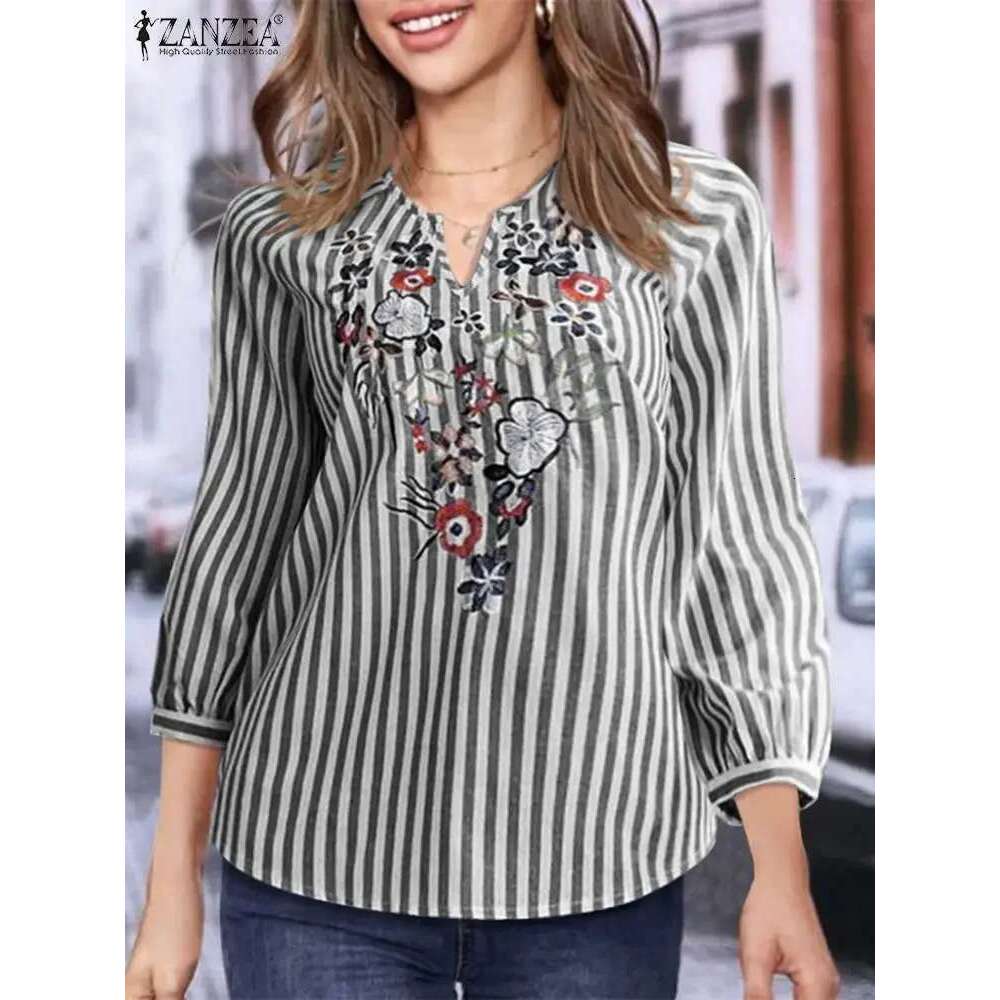 ZANZEA Fashion V Neck 3/4 Sleeve Embroidery Ral Blouse Women Summer Bohemian Striped Tops Casual Holiday Shirt Work Blusas
