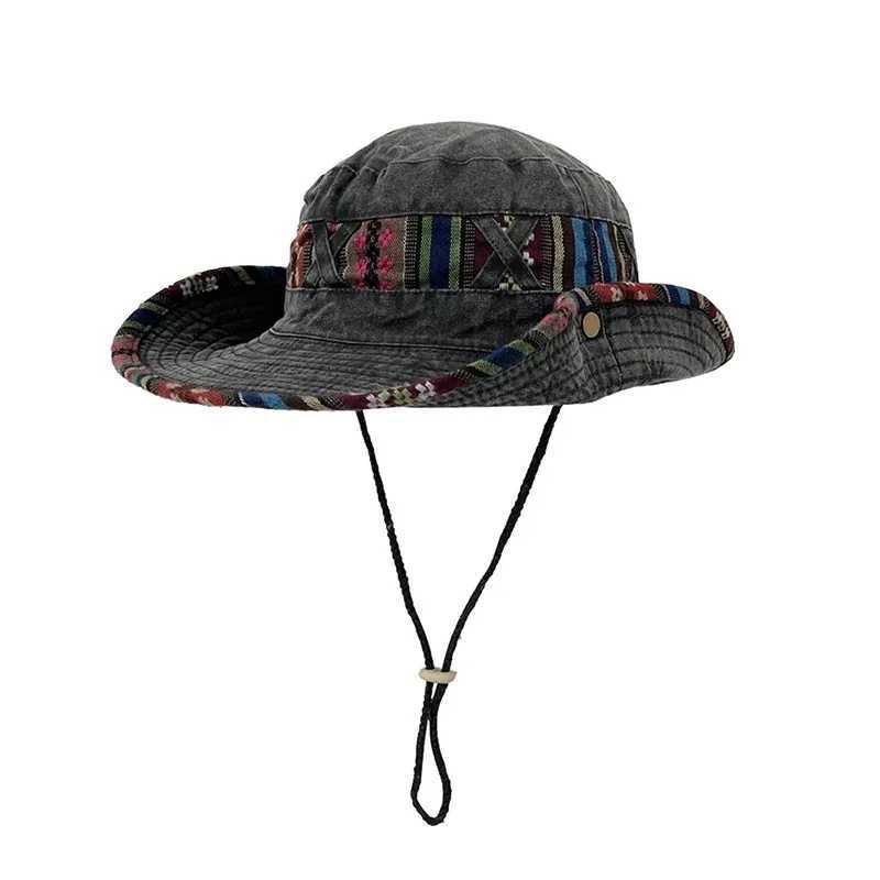 Summer Bucket Hats Retro Printing Cowboy Cap Men Women Outdoor Fishing Hiking Hat Anti UV Sun Caps Cotton Wide Brim Panama Hat W250217