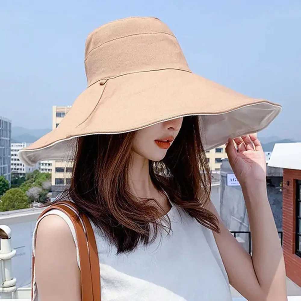 Double-sided Foldable Bucket Hat Women Girls Sun Hat Visor Fisherman Cap Anti-UV Big Brim Sunscreen Camping Hiking Beach Hats W250217
