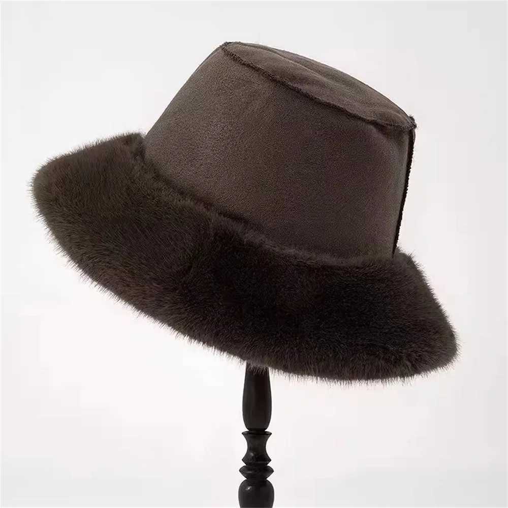 WHITE Faux Fur Fisherman Hats Antumn Winter Thickened Warm Bucket Hat Lady Outdoor Soft Snow Fur Cap Solid Wide Brim Caps W250217