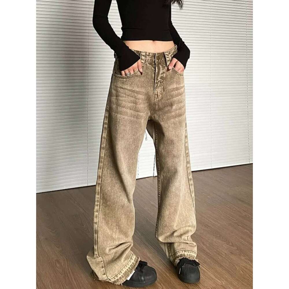 Brown 2024 Women Jeans High Waist Fashion American Vintage Streetwear Y2k Wide Leg Jean Female Trouser Baggy Denim Pants
