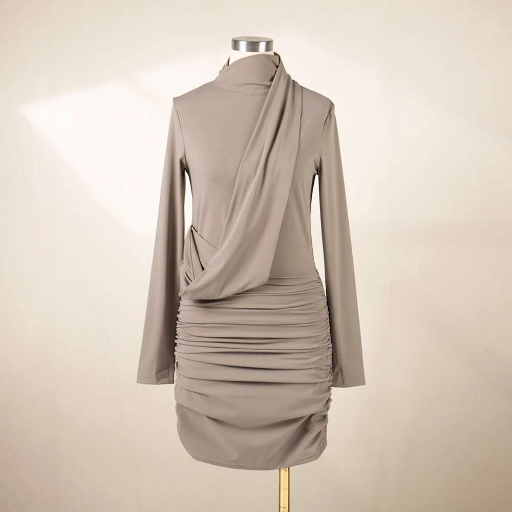 Cotton Women's Y2k Hitching Piece Design Pleated Slim Elegant Commuter Standing Collar Long Sleeve Dress 2025 Spring New